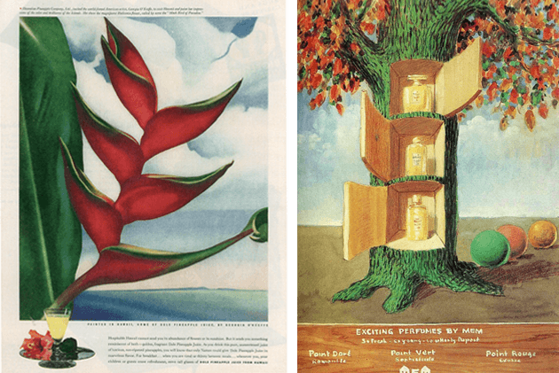 [left] The present work featured in McCall’s Magazine, 1940 [right] René Magritte, Exciting Perfumes by Mem, 1946. Artwork: © 2021 C. Herscovici / Artists Rights Society (ARS), New York